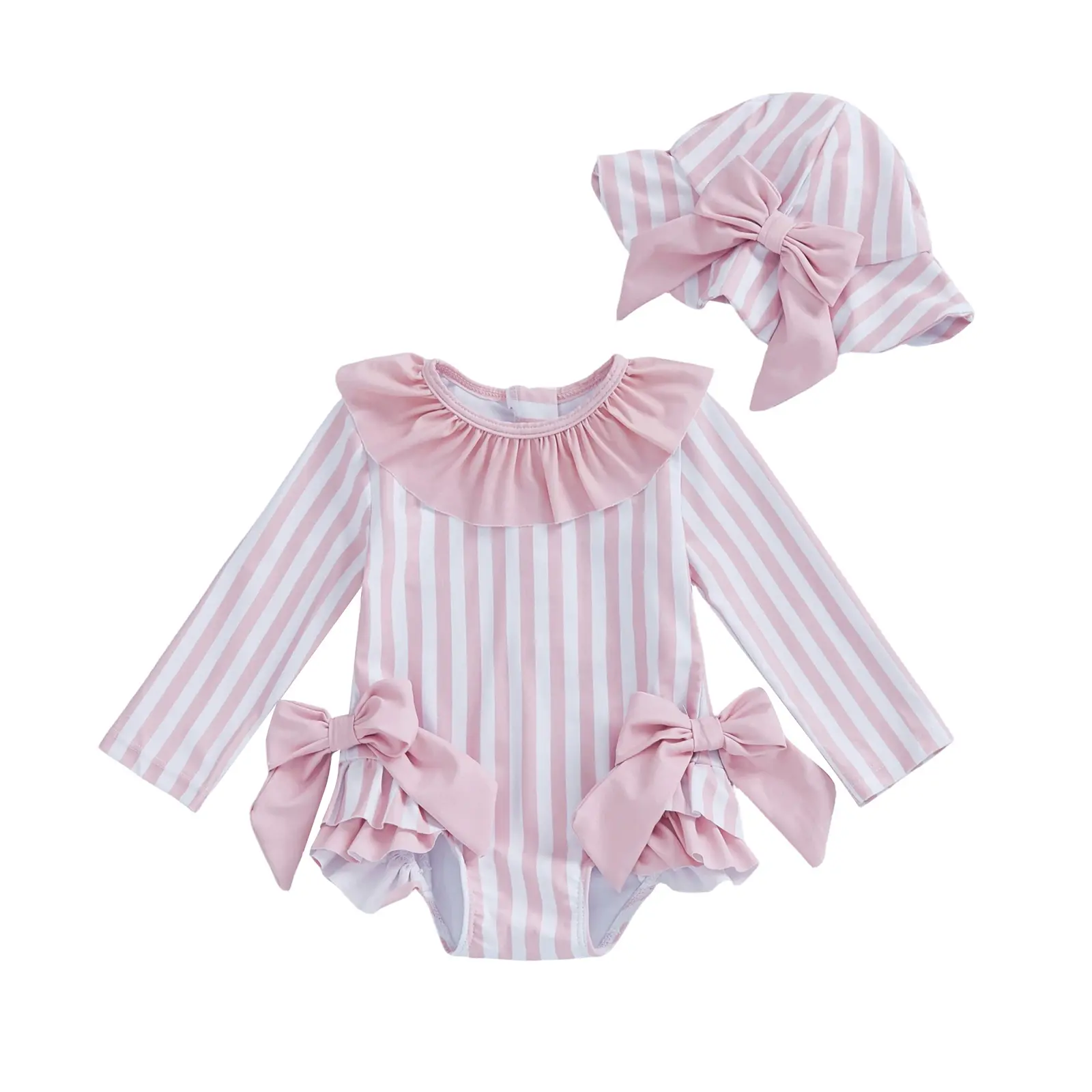 Infant Baby Girl Striped Swimsuit with Sun Hat Set Long Sleeve Ruffle One Piece Rash Guard Swimwear Newborn Back Zipper Bathing Suit 0-3T