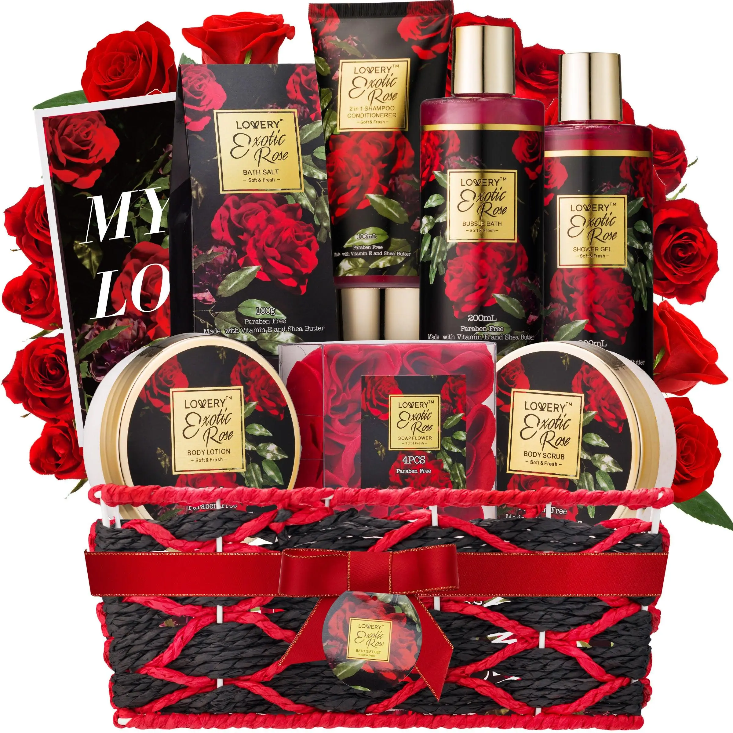 Lovery Exotic Rose Spa Gift Basket - 13pc Self Care Set for Bath & Body, Beauty & Personal Care