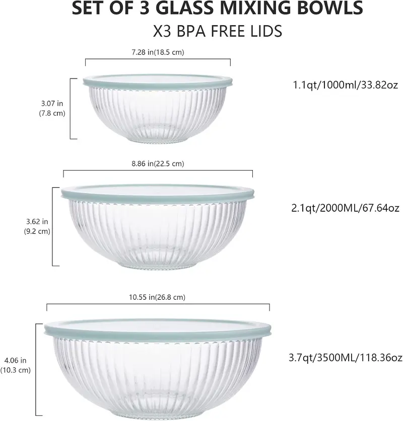 Borosilicate Glass Stackable Mixing Bowls Set - 3-Piece Round Modern Covered Bowls for Cooking, Baking, 1L/2L/3.5L Transparent Ribbed Nesting Kitchen Tableware for Food Storage