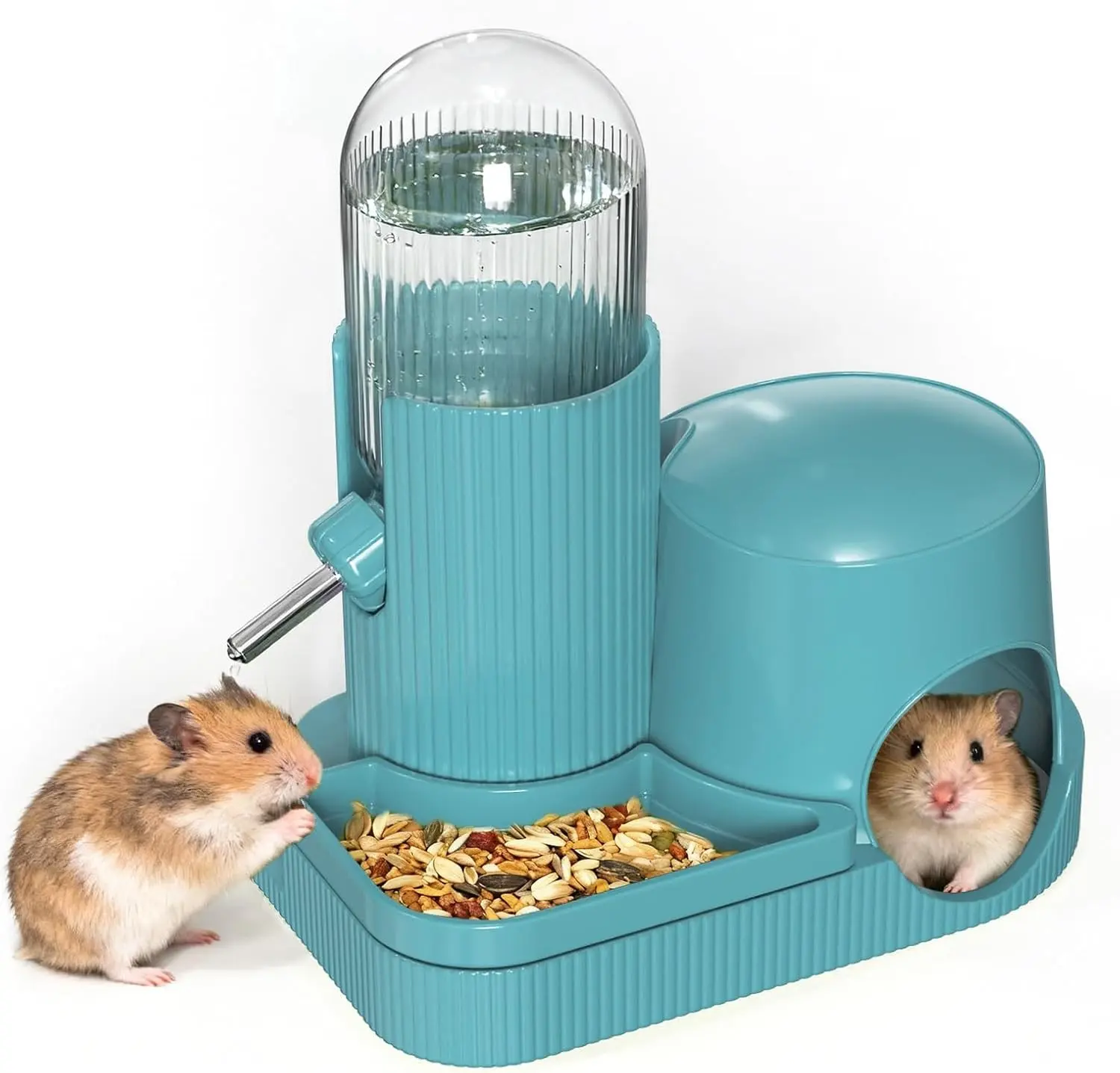 3 in 1 Hamster Water Bottle Dispenser with Food Bowl & Hideout Base (Blue) | Integrates Drinking, Feeding and Hiding Place Into One, with Drip‑proof Nozzle, for Dwarf Hamster Mouse Rat Gerbils Mice Cage