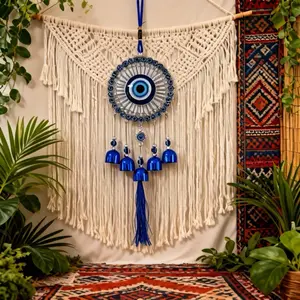 New Turkish Demon Eye Wind Chime Pendant, Blue Eye Bell Metal Hanging Decor, Ethnic Wall Decoration, Unique Home Ornament