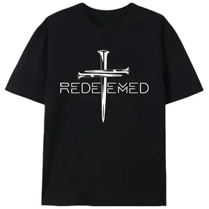 Men's 100% Cotton T-Shirt, Redeemed Nail Cross Graphic Print, Casual Short-Sleeve Christian Faith Summer Tee