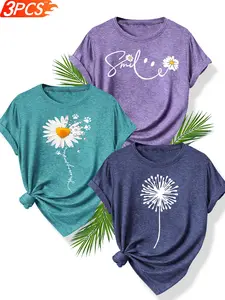 3Pcs Women's Crew Neck T-Shirts, Smile Daisy Paw Print Series Print, Multiple Colors Available, Machine Washable, Spring & Summer Tops, Soft Skin-Friendly Fabric, Daily Versatile, Fashion Design