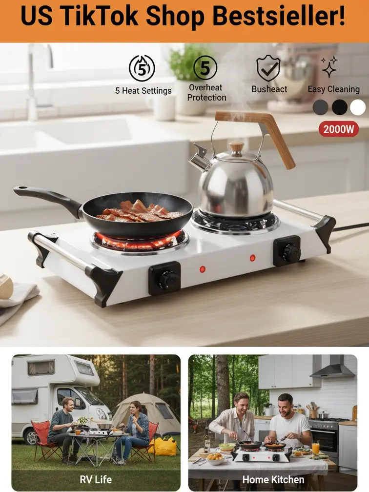 2000W Portable Double Electric Burner, Dual Coil Hot Plate with 5 Adjustable Heat Levels, Countertop Electric Stove for Cooking, Camping, RV, Home & Dorm Use, Compatible with Most Cookware