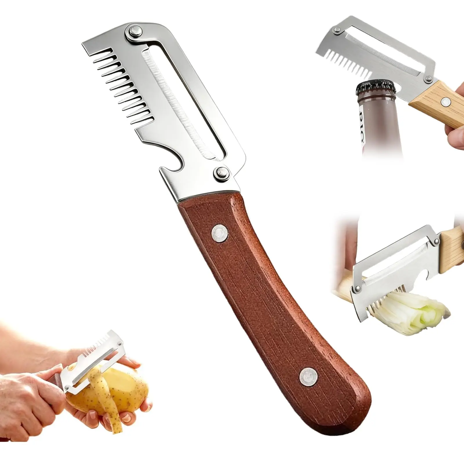 3-in-1 Vegetable Peeler with Bottle Opener - 1pcs Sharp Stainless Steel Blade Tool, Wooden Ergonomic Handle Kitchen Gadget for Fruit & Potato Peeling (Home Supplies, Party Gift Option), 2-In-1-1Pcs