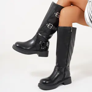 Women's Mid-Calf Buckle Boots Thick Sole Moto Booties Indoor Outdoor Shoes for Casual Outfits