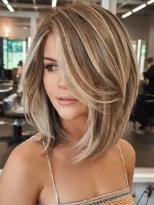 12inch Short Bob Wigs for Women Blonde and Brown Highlights Straight Hair Wigs 13x4 Synthetic Lace Front Wigs Heat Resistant Fiber Hair Bob Wigs