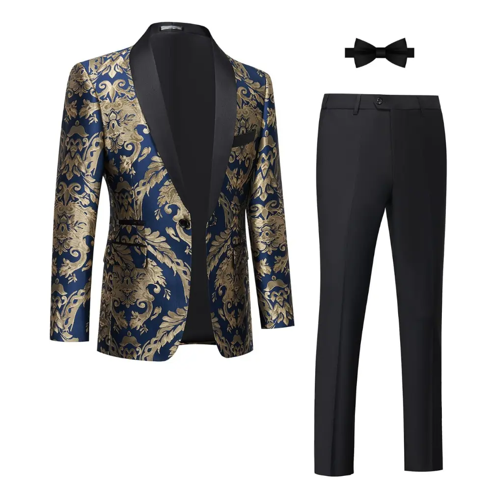 Tuxedo Suits for Men 2 Piece Regular Fit Suit Floral Blazer Jacket Waistcoat Pants Men Suit Set for Wedding Prom-Blue& Gold wedding suit suit jacket prom suit party suits