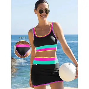 Popvil Beachball Kayaking 3 Piece Bikini Sets,Tummy Control & High Waisted Swimsuit with Adjustable Wide Shoulder Straps, Neon Color Sporty Swimsuit