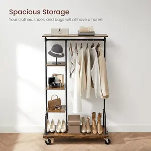 Clothes Rack, Clothing Garment Rack on Wheels, Rolling Clothes Organizer with 5-Tier, Industrial Pipe Style, Rustic Brown