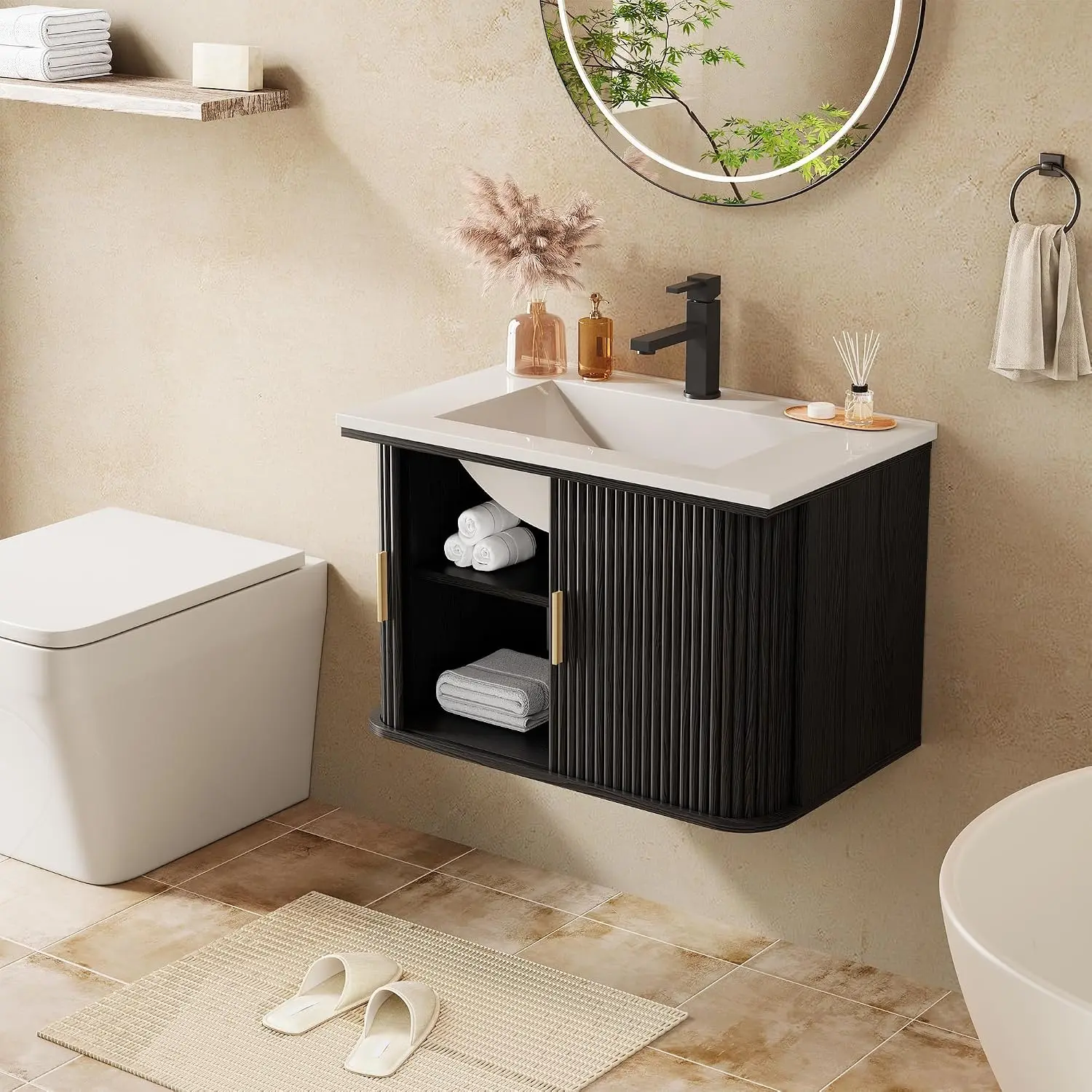 【Deals】DHH 30" Floating Bathroom Vanity with Sink! Wall Mounted Fluted Cabinet with Sliding Doors. For Small Bathrooms. Perfect for Modern Homes to Maximize Floor Space, Hide Clutter & Upgrade Your Washroom Vibe (Black)