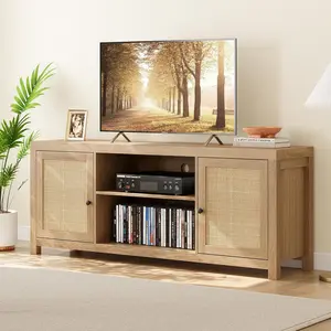 Rattan TV Stand for 65 Inch, Boho Entertainment Center with Storage and Doors, Wood TV & Media Console Under TV Cabinet Furniture for Living Room, Natural Oak (58 Inch)