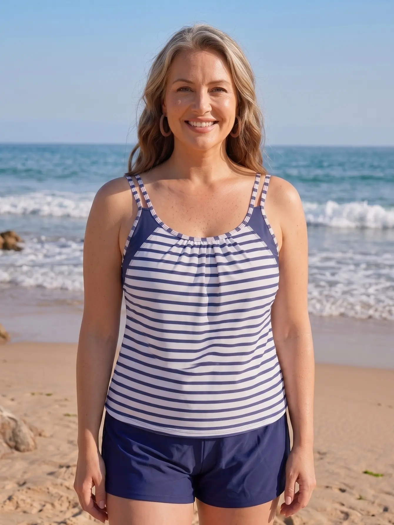 Plus Size Blue White Striped Tankini Set, Women's 2 Piece Modest Swimwear with Shorts, Double Spaghetti Straps Bathing Suit