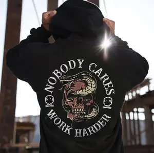 NOBODY CARES, WORK HARDER Snake Wraps Skull Casual Black Print Hoodie