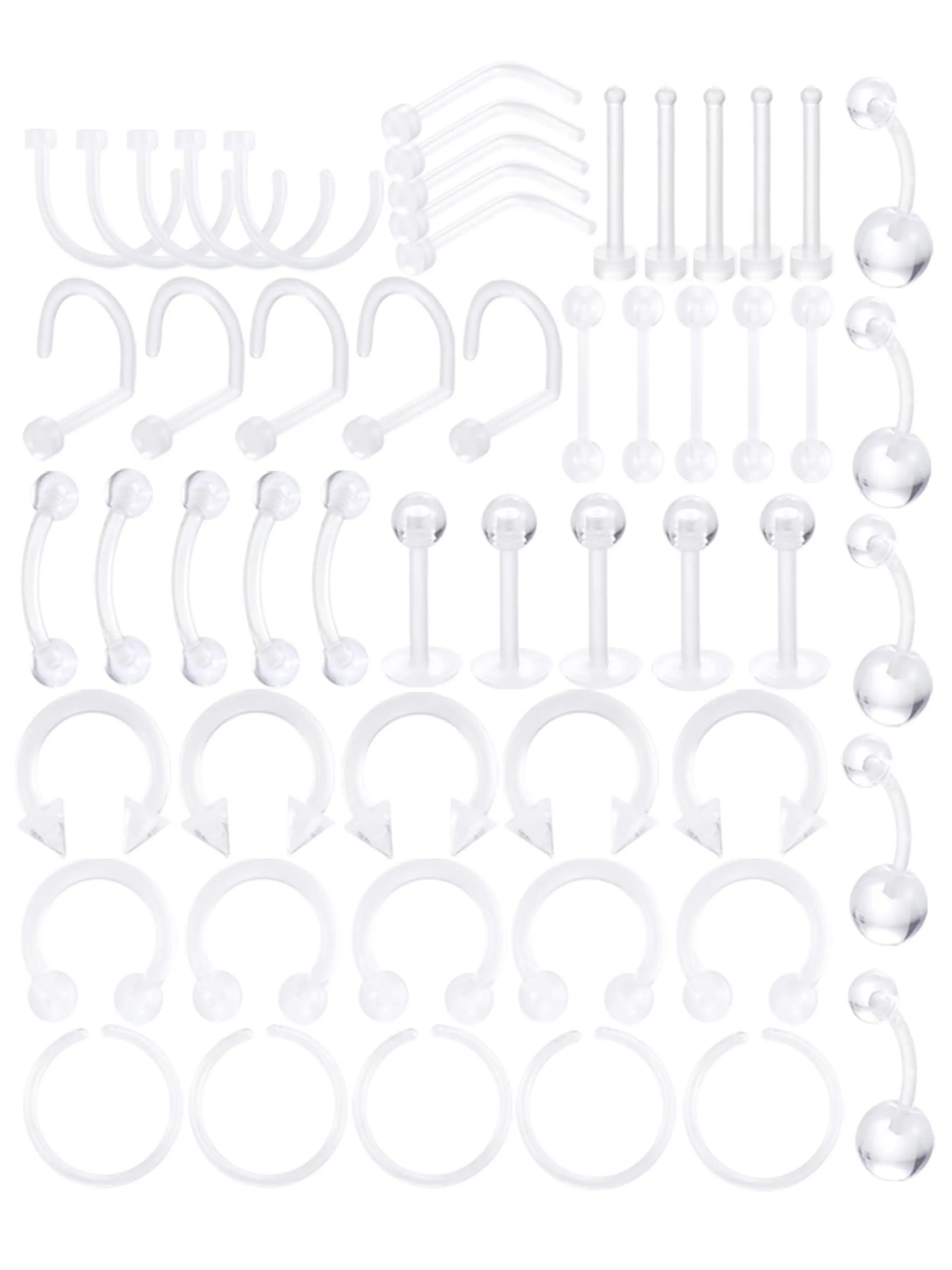 55pcs Clear Piercing Retainers, Flexible Bioflex 14g 16g 20g, Navel Belly Button Ring, Lip Labret, Eyebrow Tongue Barbells, Cartilage Tragus Earrings, Nose Rings, Nose Disc, Body Jewelry Kit