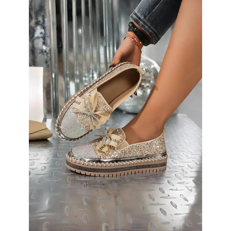 Women's Rhinestone Lace Bow Slip-On Sneakers, Casual PU Leather Ankle Walking Shoes for Party & Daily Wear, Footwear