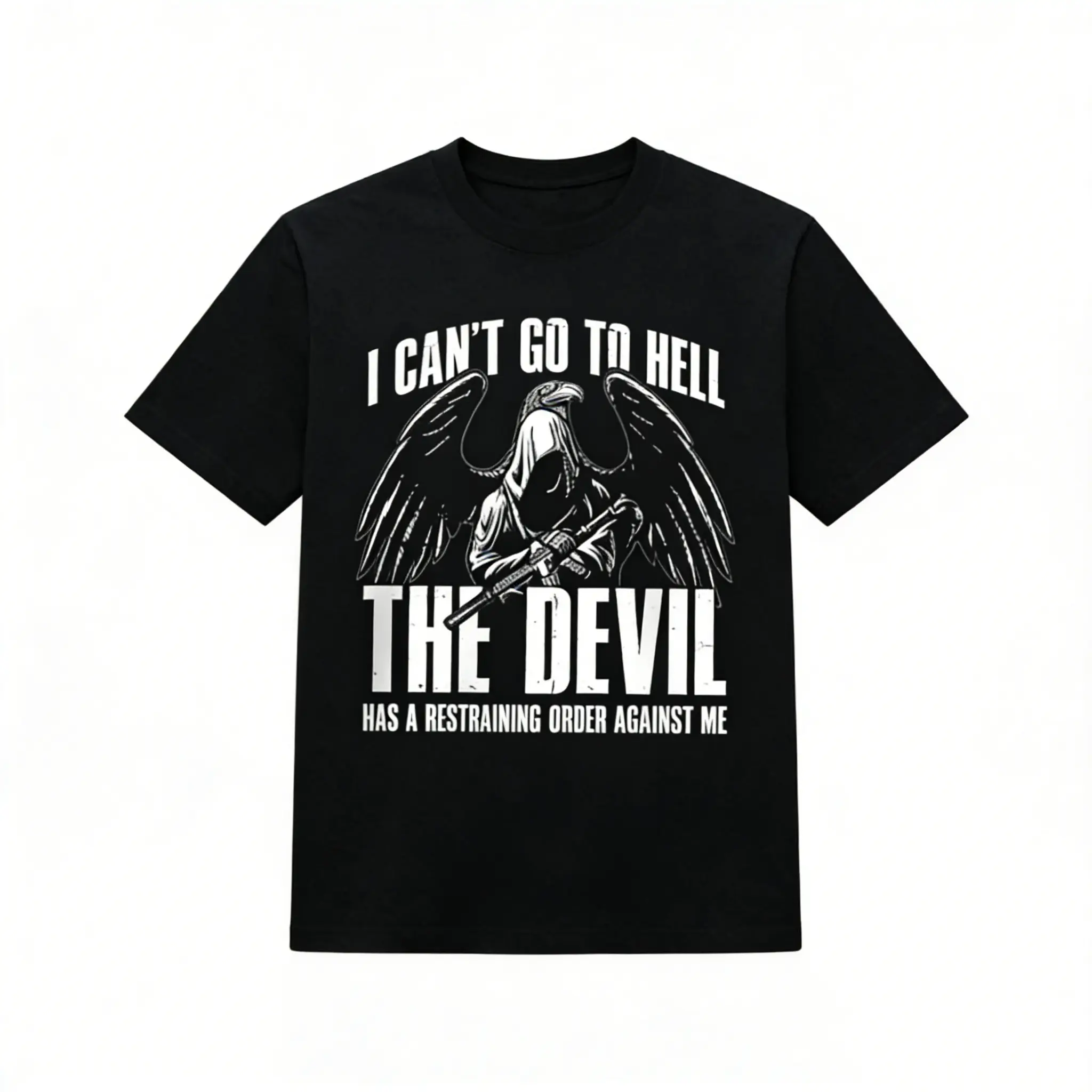 I Can't Go To Hell The Devil Has A Restraining Order Against Me Funny T-Shirt, Dark Humor Grim Reaper Graphic Tee, Casual Cotton Short Sleeve Top for Men Women