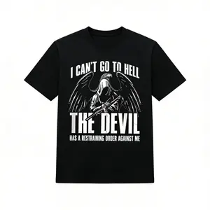 I Can't Go To Hell The Devil Has A Restraining Order Against Me Funny T-Shirt, Dark Humor Grim Reaper Graphic Tee, Casual Cotton Short Sleeve Top for Men Women