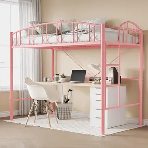 Garvee Twin Size Loft Bed with Ladder and Arched Guardrail, Heavy Duty Metal Loft Bed Frame for Kids and Adults, Sturdy Steel Slats Support, Space-Saving Design, No Box Spring Needed, Pink