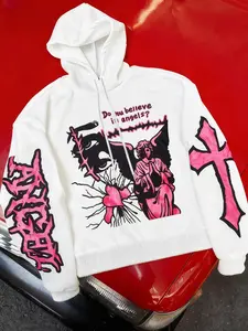 Unisex Angel & Cross Print Hoodie, Graphic Print Hoodie, Loose Fit Casual Streetwear, Fall Winter Woven Fabric Pullover, Men's Daily Wear Sweatshirt