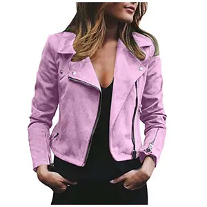 Olyvenn Women's Plus Size PU Leather Short Zipper Jacket, Long Sleeve Slim Fit Hoodless Outwear in Pink, Size 14