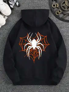 Men's Statement-Making Hooded Sweatshirt Featuring a Dominant White Spider and Intricate Orange Web Print, Accented with Unique 687 Number Detailing for an Edgy and Unforgettable Street Style Vibe