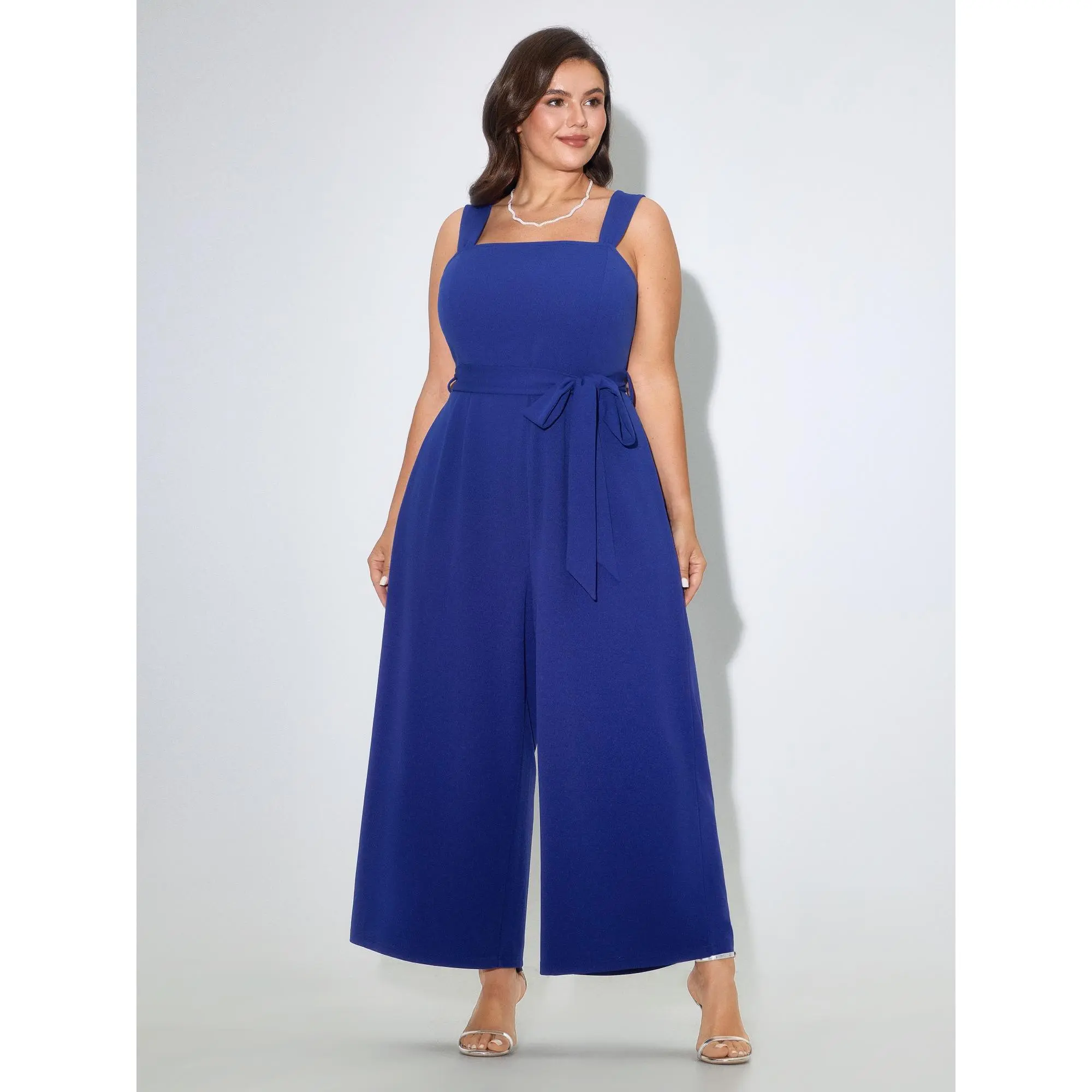 BLOOMCHIC Plus Size Solid Square Neck Sleeveless Belted Wide Leg Jumpsuit[M-6X] Summer Finds
