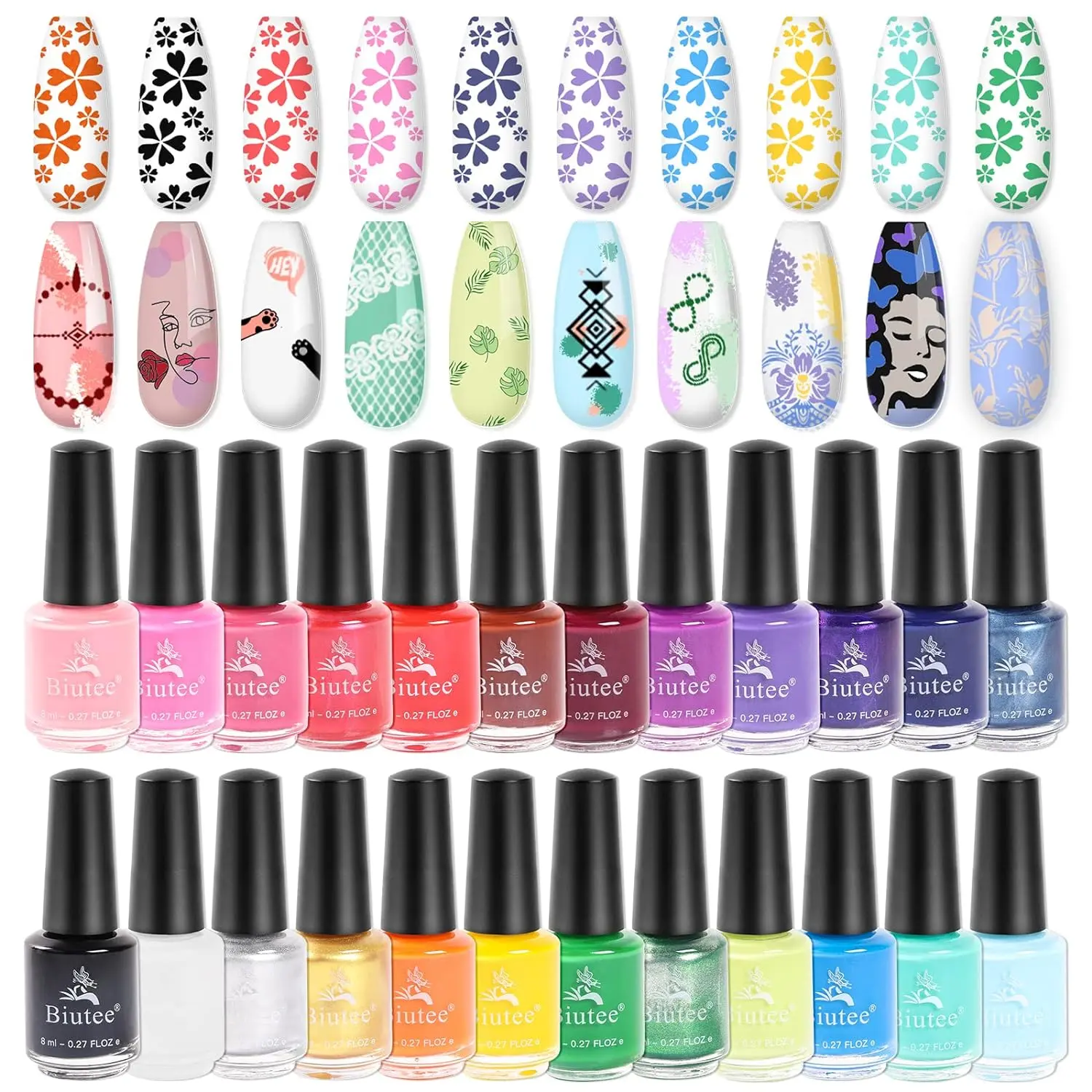 Biutee Nail Stamping Polish 24 Colors 8ML Stamping Gel Polish for Stamping Plate Nail Stamp Polish Air Dry Gel Stamping Polish Solid Color Manicure Print Nail Polish with Gift Box Nail Art Nail Care Clear Smooth Cutics Cosmetic