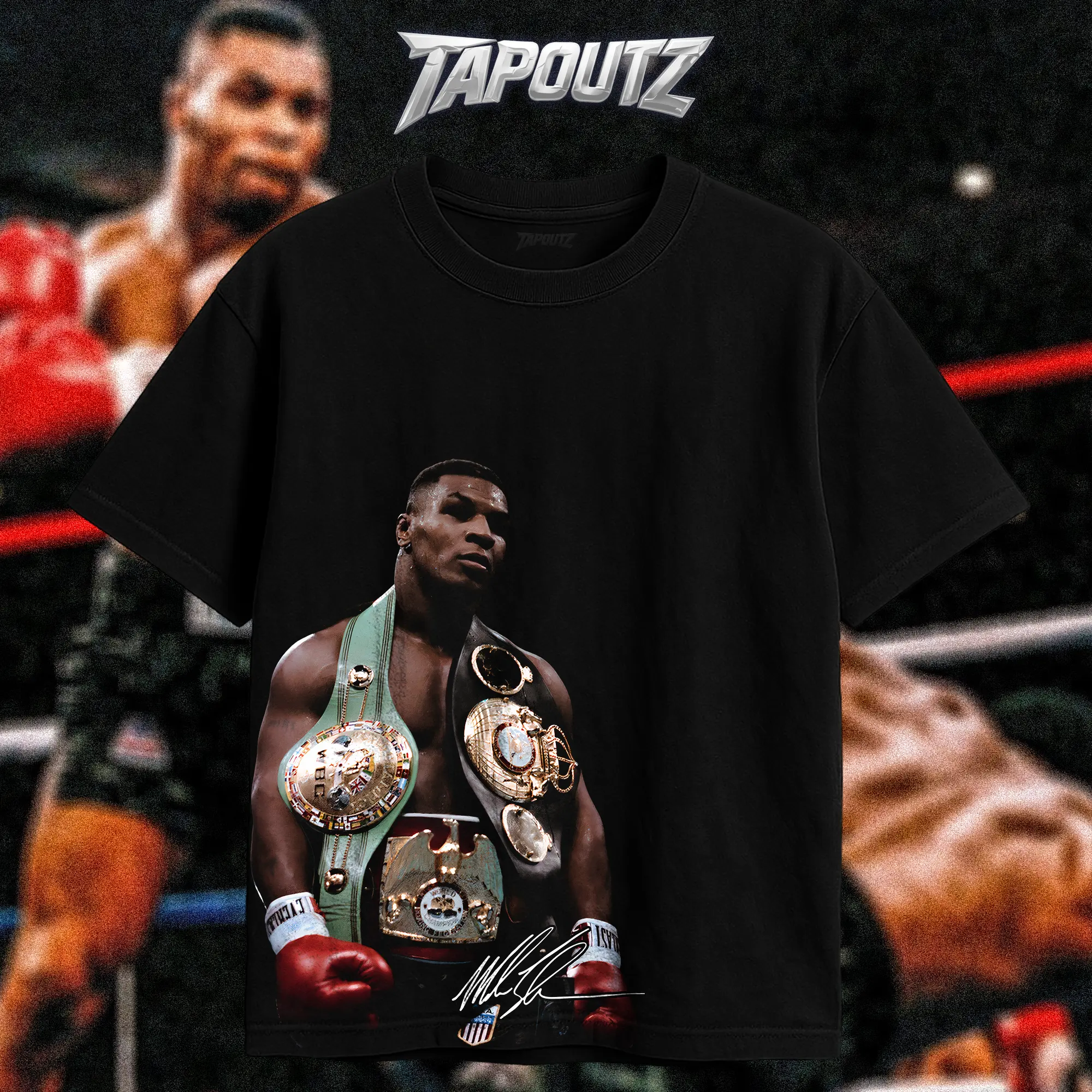 TAPOUTZ Mike Tyson Undisputed Champion Heavy Cotton Double-Sided Unisex Short-Sleeve Round-Neck T-Shirt, Streetwear Top, Breathable DTG Printing, Soft Classic Apparel for Fight Fans, Heavyweight Legend Gift