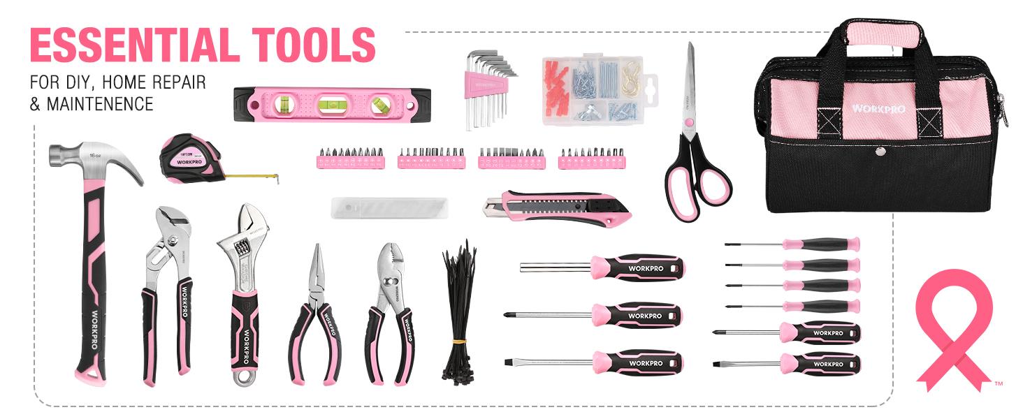 #backtoschool WORKPRO Pink Tool Set, 277 PACKS Home Repairing Tool Kit, Pink Tool Bag with 13-Inch Wide Mouth Open Storage Bag, Portable Home Tool Kit Including Hammer, Screwdriver, and Household Tools - Pink Ribbon