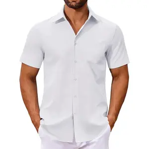 Men's Button Down Shirts Short Sleeve Casual Dress Shirts Untucked Summer Shirt with Pocket Men's Navy Blue Knit Beach Shirt