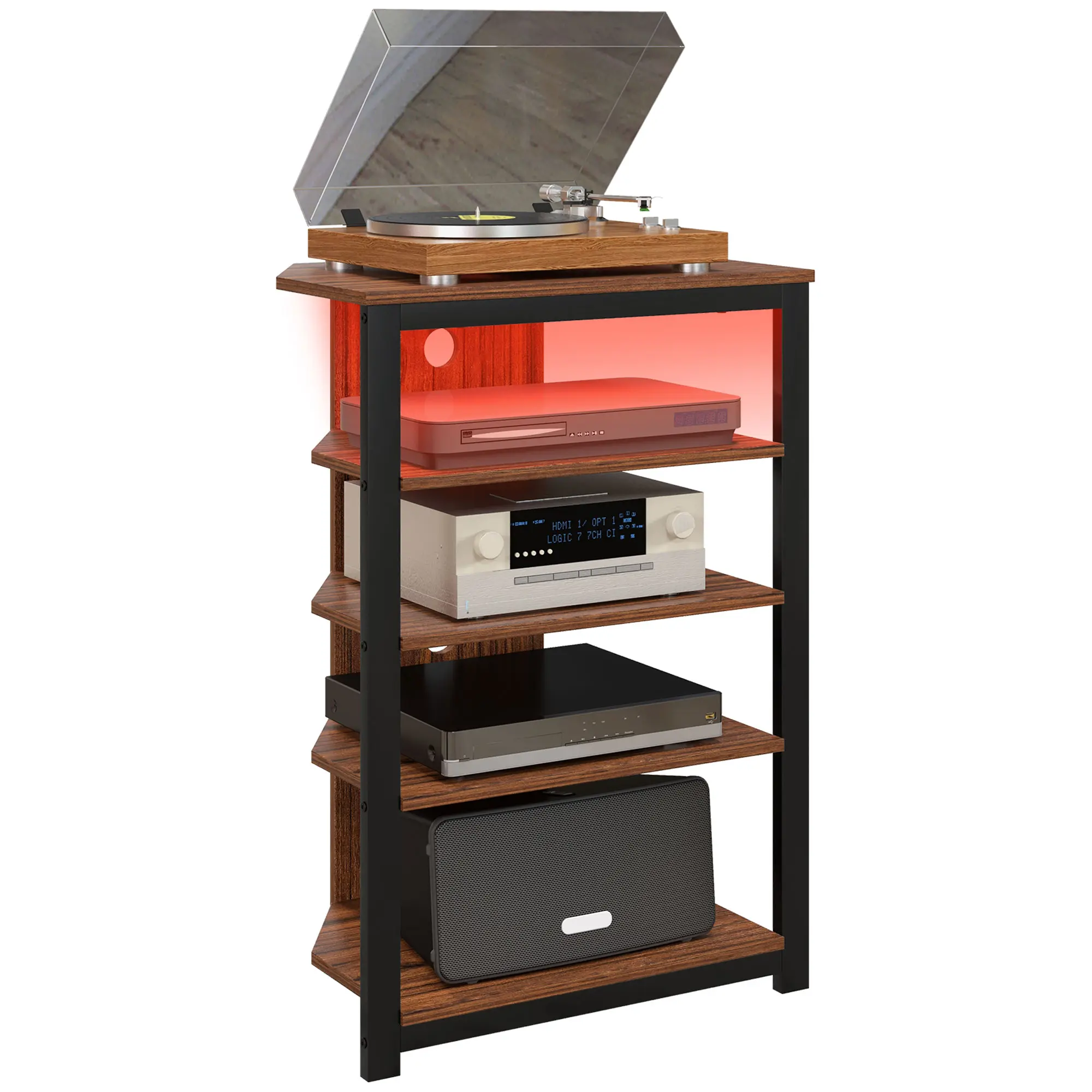 HOMCOM Media Stand with 4-Tier Audio Rack AV Media Corner Shelf with Cable Management for DVD Players Game Console TV Box Cable Box Xbox WiFi Router, Brown