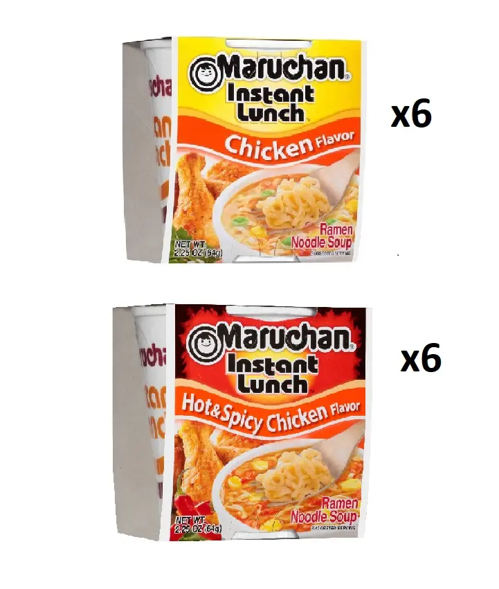Maruchan Ramen Instant Cup Noodles 12 Count - 6 Chicken Flavor & 6 Hot & Spicy Chicken Flavor Lunch/Dinner Variety, 2 Flavors