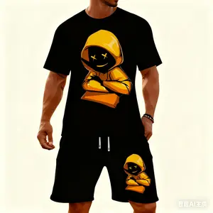 Funny Cartoon Men's 2 Piece Outfit Summer Matching Shorts and Shirt Set for Vacation, Streetwear or Weekend Outings