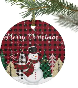 2024 Christmas Ornament Xmas Tree Hanging Accessories,Christmas Snowman Xmas Tree Snowflake Christmas Tree Round Ceramic Ornaments for Holiday Party Home Decor,Red Black Buffalo Plaid