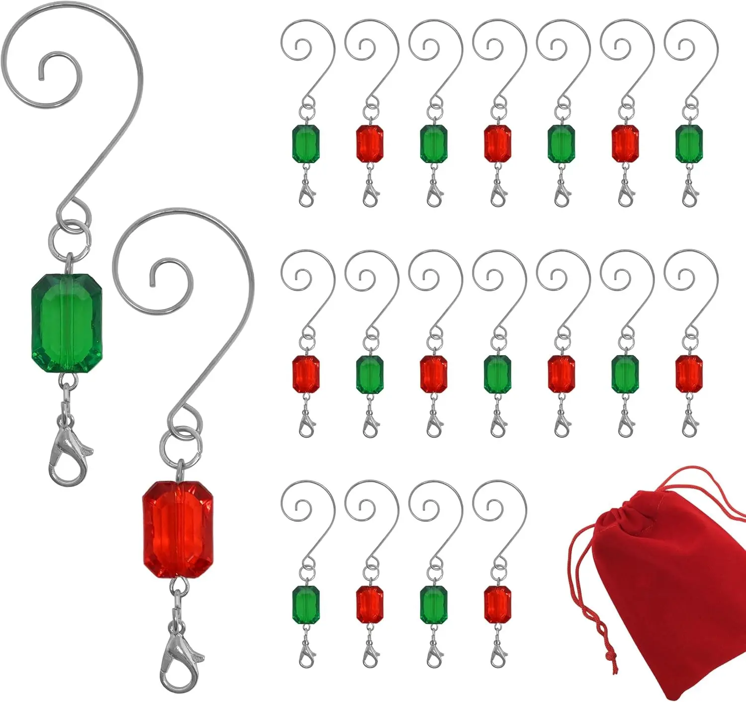 Christmas Ornament Hooks Set of 20 Red and Green Acrylic Jewel Hangers, Silver Wire Decorative Scroll S Hooks with Lobster Claws, 3 Inch Holiday Ornament Hangers for Christmas Tree Decorations