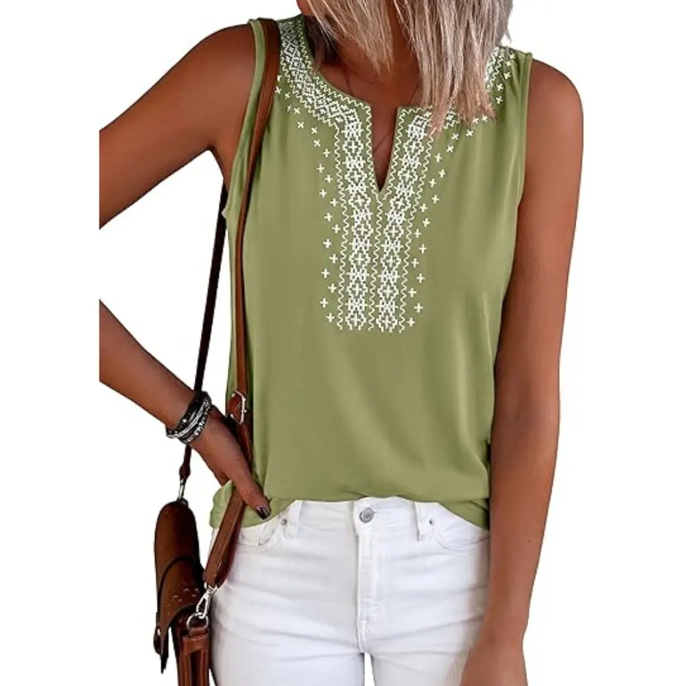 PRETTYGARDEN Womens Tank Tops Summer Causal V Neck Sleeveless Shirts Floral Print Embroidered Beach Vacation Boho Top