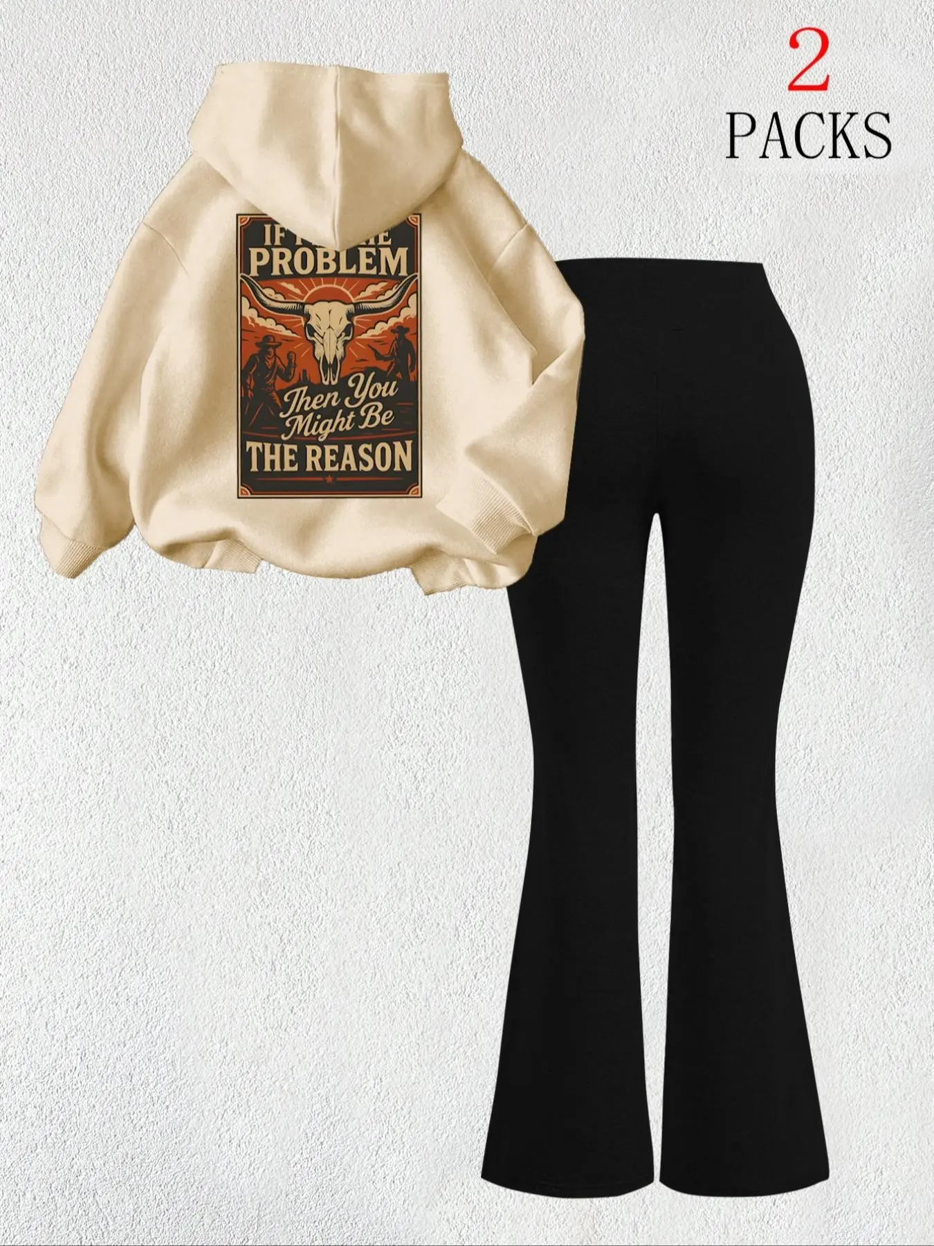 Women's Warm Hoodie Set Long Sleeve, Slim Fit Comfortable Bell Bottom Pants, Cow Head Letter Print, Kangaroo Pocket Daily Wear, Casual