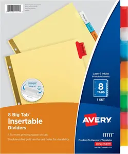 8-Tab Binder Dividers, Insertable Multicolor Big Tabs, 1 Set (11111)