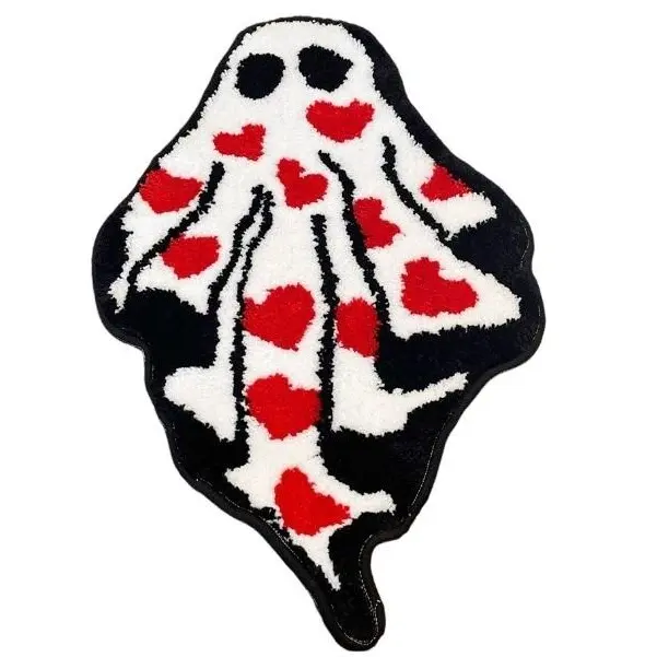 Cute Heart Print Ghost Tufted Rug, Soft Fluffy Handmade Spooky Love Floor Mat, White Black Red Heart Pattern Plush Carpet, Y2K Gothic Aesthetic Novelty Rug for Bedroom Dorm Bathroom Entryway, Trendy Halloween Accent Mat