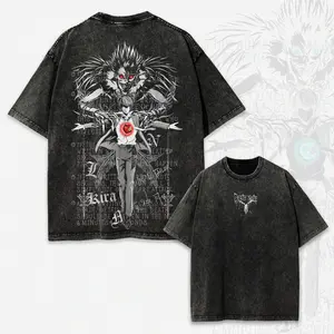 Men's Death Note Kira Ryuk Washed Oversized Graphic Tees - Vintage Anime Cotton Top, Unisex Loose-Fitting Streetwear Casual Black T-Shirt