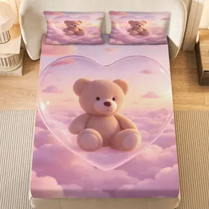 3Pcs Cute Cozy Teddy Fitted Sheet Three Piece Set (1*Fitted Sheet+2*Pillowcases, Coreless), Valentine theme, Soft Plush Bedding Set, Mattress protector Soft, Breathable