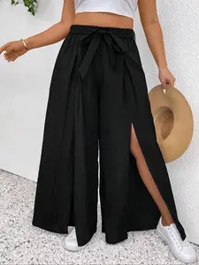 Women's Plus Size Wide Leg Striped Pants, Split Thigh Design, Loose Fit, Comfortable All-Season Long Pants, Casual Fashion