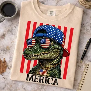 Comfort Colors Merica Crocodile Shirt, Funny 4th Of July Alligator Tee, Patriotic USA Flag T-Shirt, Cool Gator Independence Day Outfit