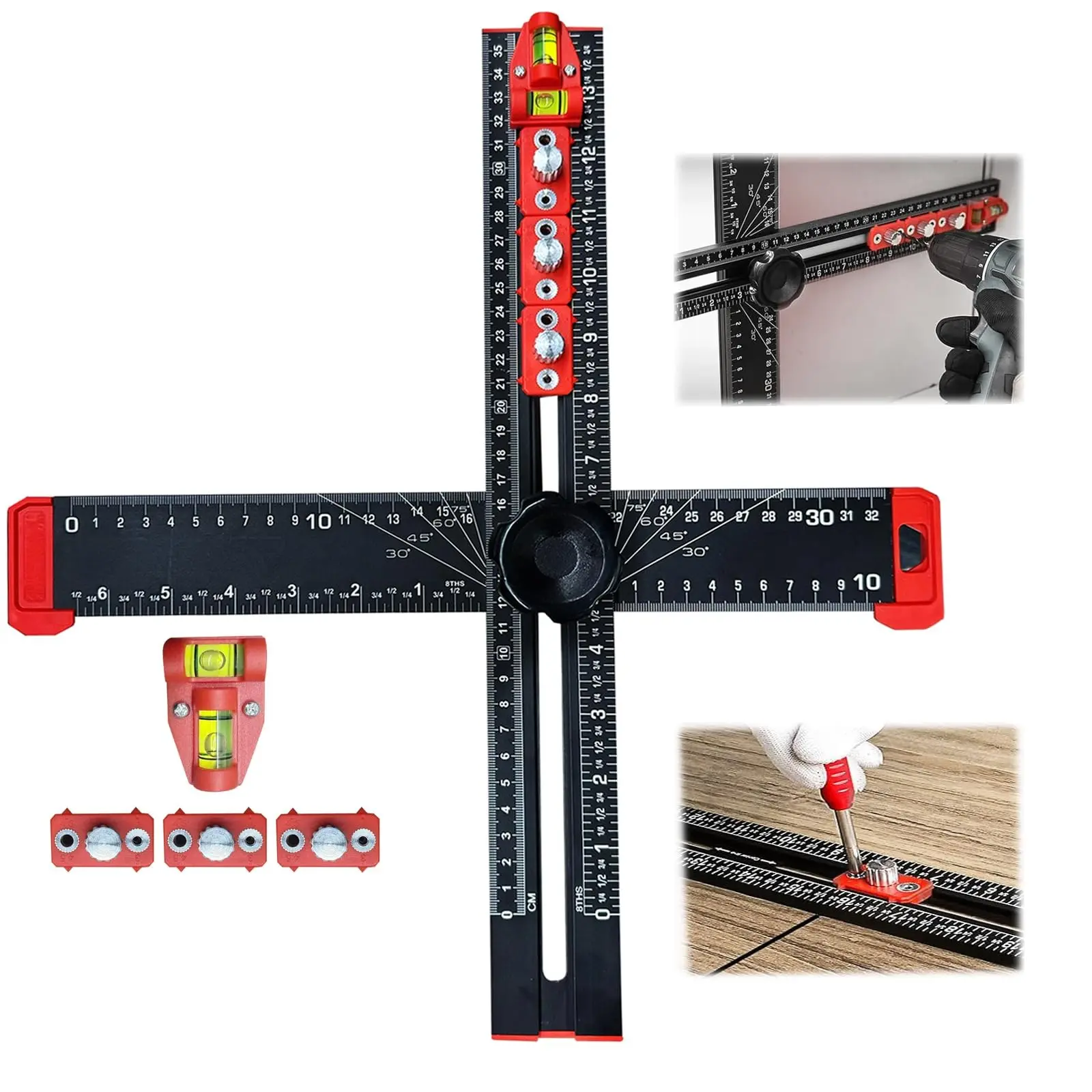 GJANSH 4-in-1 Drilling Positioning Ruler, Adjustable 13.78in Multifunctional T Square Ruler, Cabinet Hardware Jig, Marking Gauge Tools for Woodworking, Cabinet Drawer Door Hole Drilling Template