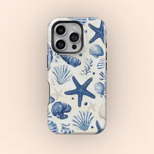 Watercolor Blue Nautical Coastal Beach Starfish and Seashells Premium Film 2 in 1 Phone Case - Durable, Shock Absorbing and Stylish Protection - Compatible with iPhone 16, 15, 14, 13, 12, 11, Plus, Pro, Pro Max, Perfect birthday gift for friends.