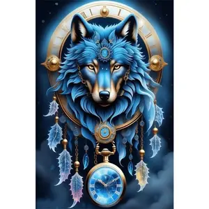 1PCS Vintage Wolf Dreamcatcher Diamond Painting Kit with Blue Howling Wolf Head Clock Feather Design for