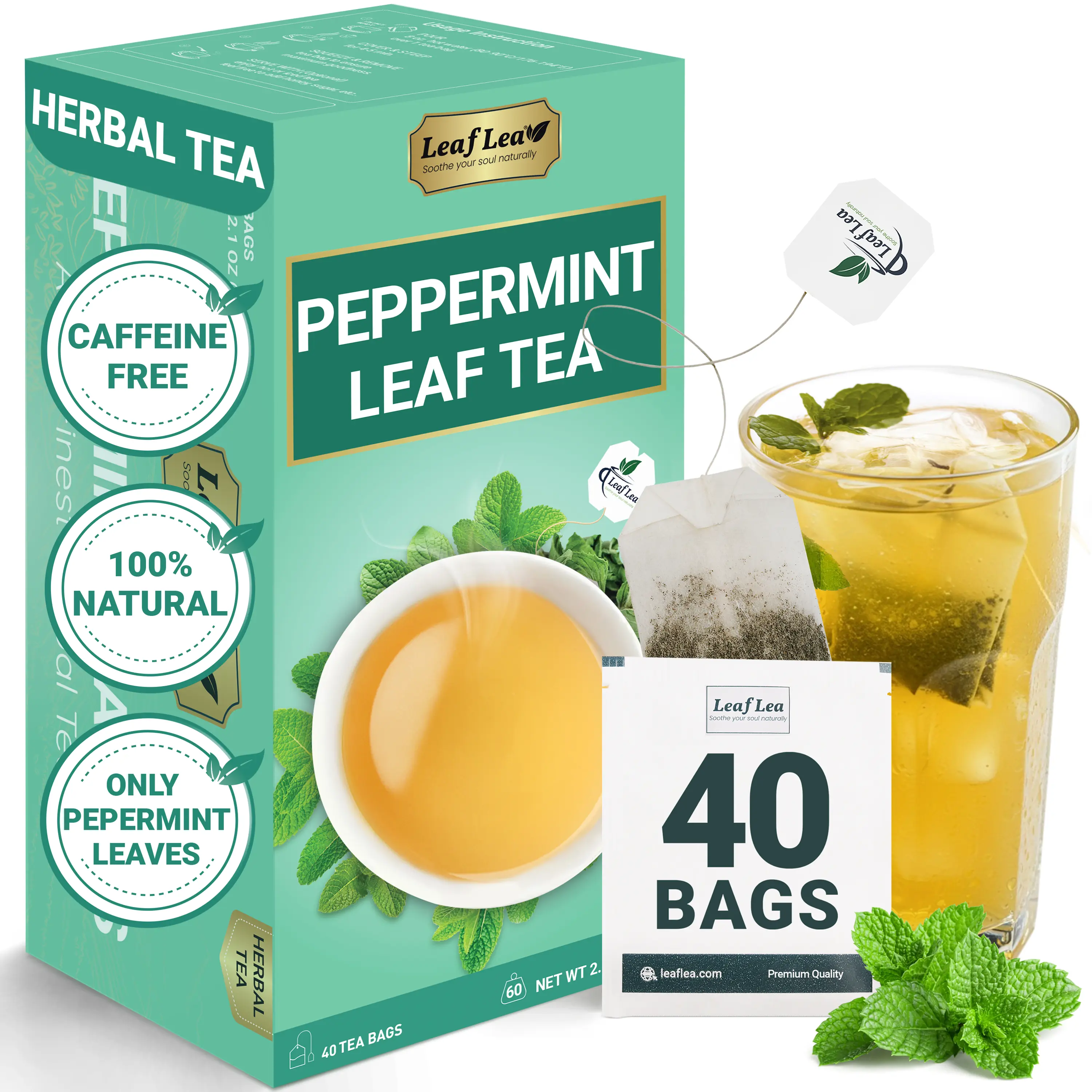 LeafLea Peppermint Tea Bags, Pure Single-Ingredient Mint Tea, Just Real Peppermint Leaves, Cool Refreshing Taste, Te De Menta, Caffeine-Free, Vegan, Individually Foil-Wrapped