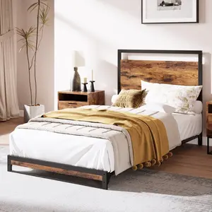 【Christmas Gift】6 Inch Twin Metal Platform Bed Frame with Wooden Headboard and Footboard No Box Spring Needed Easy Assembly Rustic Brown
