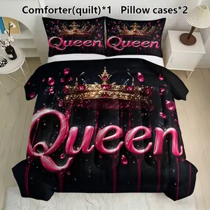 Royal Queen Crown Bedding Set, 1 Comforter & 2 Pillowcases, Luxurious Decoration, Synthetic Fiber Material